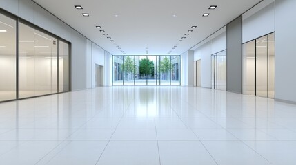Obraz premium Modern Office Building Interior: Sleek Corridor with Glass Walls and City View