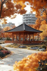 Obraz premium Autumnal garden with gazebo and people