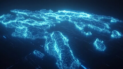 Abstract futuristic map with glowing blue lights showcasing a technological network visualization