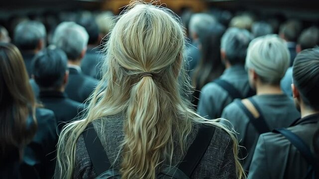 Crowded urban gathering, people's backs, public transport. Possible use Stock photo for articles about public transport, crowds, or urban life