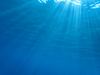 Obraz premium Ocean blue underwater with sunrays, Underwater Sea Deep Water Abstract Sunshine, sea wave , clean waters in summer time, Natural underwater seascape, sand on ocean floor and water surface with sunligh