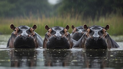 Fototapeta premium Four hippos in a row in murky water.