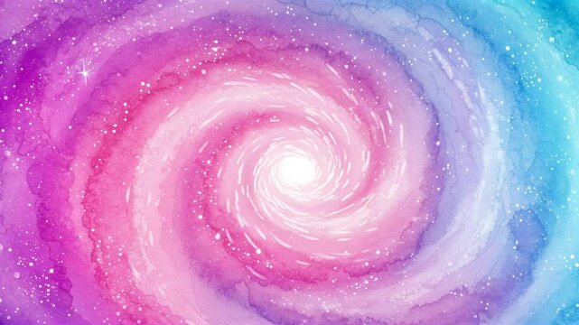 鮮やかなピンクとブルーの色合いの渦巻く銀河の抽象的な水彩画の動画