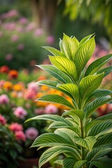 Green ribbed plant with a lush floral background. (Flower)