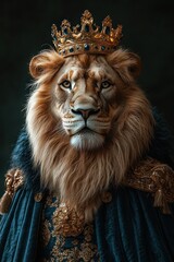 Naklejka premium Majestic lion with crown realistic portrait artwork colorful wild animal nature luxury