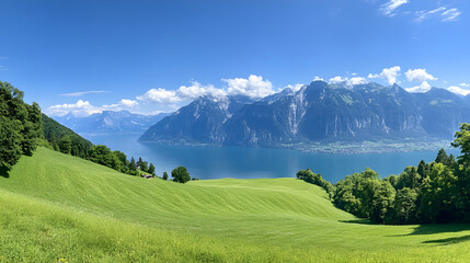 Obraz premium Panoramic view of a serene lake and mountains on a sunny day, with green hills in the foreground. Ideal for travel brochures or calendars