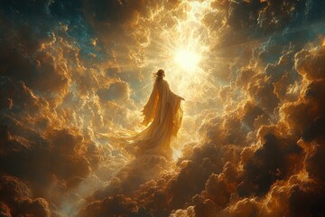 Ascension of Jesus Christ to Heaven Surrounded by Light and Clouds