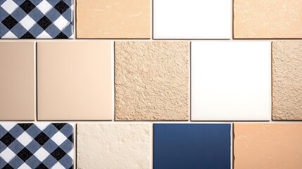 Fototapeta premium Textured tile wall with varied colors and patterns. Neutral tones, including beige, white, and blue. Checkered design element