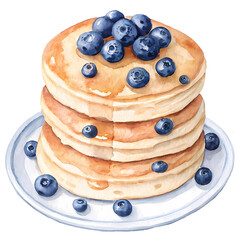 Pancakes with blueberries. Isolated watercolor food illustartion.