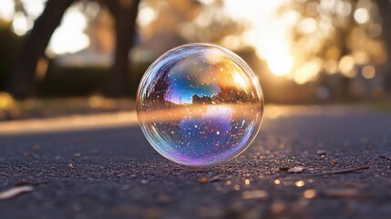 A mesmerizing soap bubble floats above the asphalt road during a warm sunset casting golden bokeh