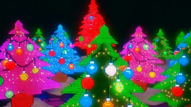 Lo-fi retro 8bit pixel art abstract Christmas, new year holiday background - colorful Xmas fir trees in mosaic style or 2d pixel design. Looped video glitch animation, retro futuristic digital footage