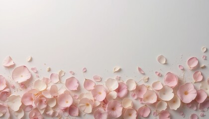 Fototapeta premium Delicate pink flower petals falling white background still life photography minimalist style close-up view nature's beauty