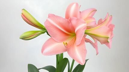 Fototapeta premium Pink amaryllis flowers blooming, close-up studio shot, light background, for floral design