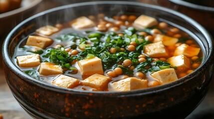 A bowl of soup with tofu and green vegetables