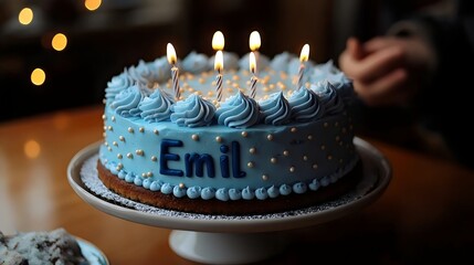 A blue birthday cake with candles on it that says Emil