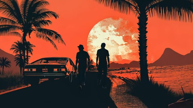 Vintage 1960s Spy Cartoon Silhouette at Beach Sunset
