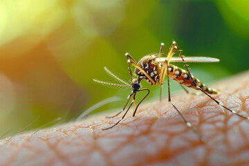 Mosquito sits on human skin, insect bloodsucking. Insect, nature and wildlife, gnat and midge