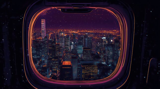 Fototapeta NYC Cityscape Seen From Airplane Window at Night