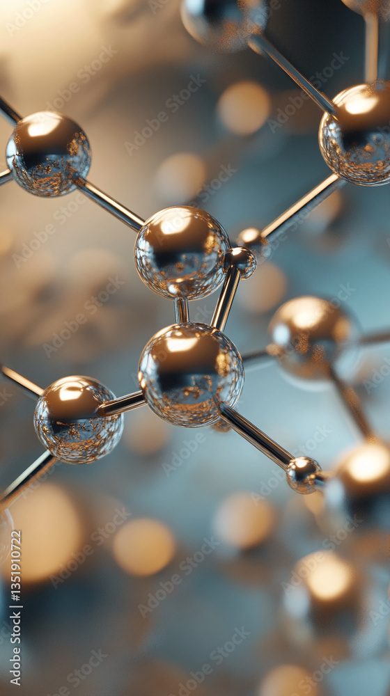 Poster close-up of metallic spheres connected by rods, creating a molecular structure, showcasing scientifi