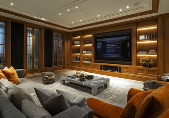 Modern interior design of a living room with a TV mounted on the wall, featuring marble and wood paneling, and warm lighting. 