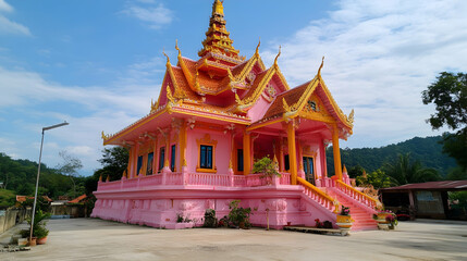Naklejka premium Pink temple, vibrant architecture, serene hills, sunny day, Southeast Asia