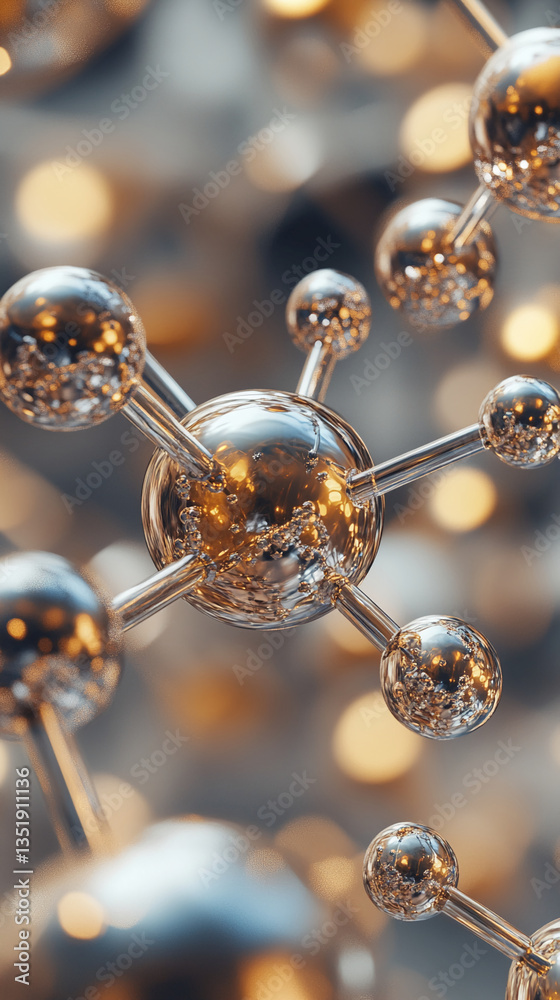 Poster close-up of metallic molecule model, reflecting light, showcasing a complex structure against a blur