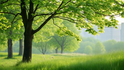 Fototapeta premium Green nature in spring with urban trees, leaves, and grass, soft bokeh background. (Flower)