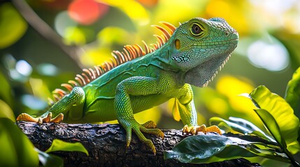 Fototapeta premium Vibrant green iguana perched on a tree branch.