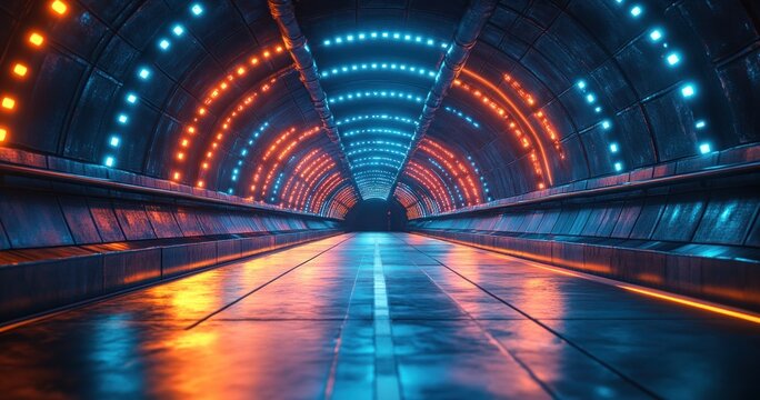 Futuristic Tunnel with Glowing Light Streaks and Vibrant Neon Colors in Hyperspace Travel Scene
