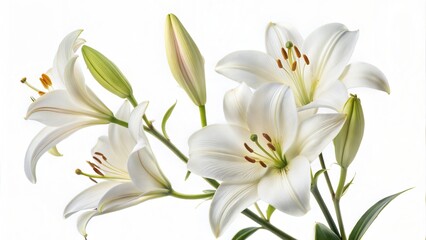 Fototapeta premium White lily flowers isolated on a white background, perfect for floral wedding cards or invitations. (Flower)