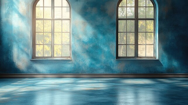 Sunlit blue room, arched windows, garden view, empty space, interior design - Powered by Adobe
