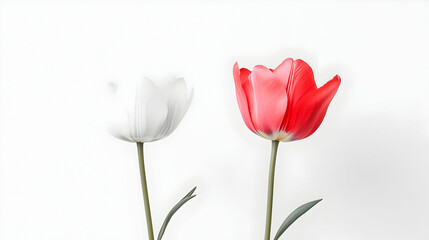 Obraz premium Red and white tulips on white background; spring floral design for greeting cards