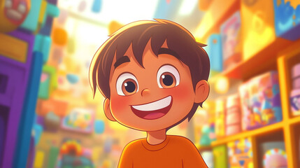 Cartoon boy with brown hair and orange shirt smiling in front of a blurred toy store background