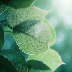 Obraz premium Sunlit green leaves, forest background, nature, spring