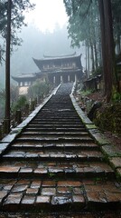 Obraz premium Misty mountain temple staircase.
