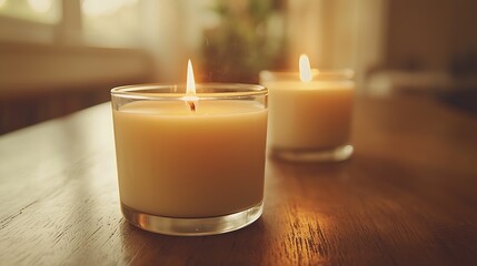 Two lit candles on wooden table.