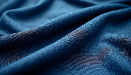 Fototapeta premium Soft blue denim fabric cascades in gentle waves, showcasing intricate textures in warm light. This cozy scene invites creativity and style in everyday wear Generative AI