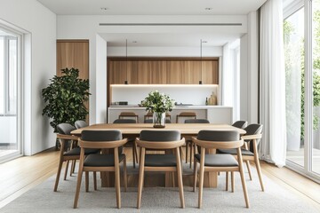 A contemporary dining room interior with wooden elements design furniture and a white background illustrating a modern home concept 3D Rendering