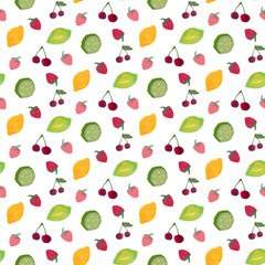 Hand-Drawn Watercolor Citrus and Berry Seamless Pattern for Summer Design
