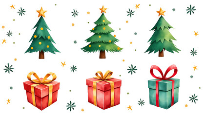 “Elements for Christmas Design": a set of watercolor elements for New Year's Eve, including Christmas trees, snowflakes and gift boxes with bright colors and textures.
