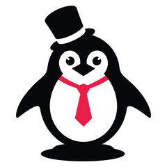 Cute Penguin in a Top Hat and Tie, Perfect for Children's Items/A stylized illustration of a penguin wearing a top hat and a red tie.