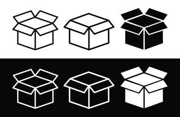 Open and closed boxes in line art style. Box icons for parcel, package.
