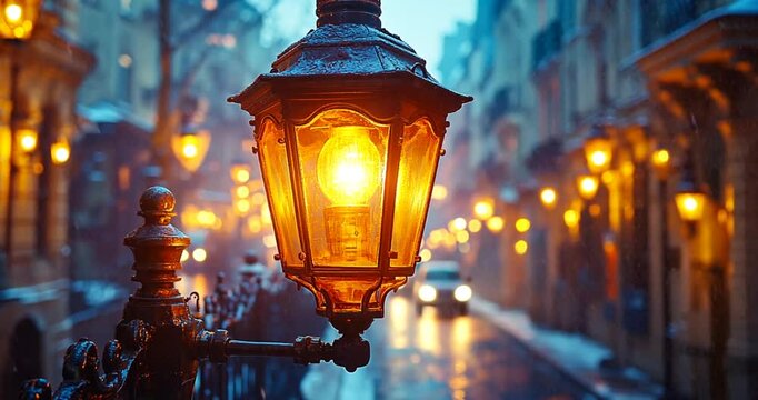 Parisian street lamp at night, snow falling, warm light, cozy, urban scene, possible use in travel brochure