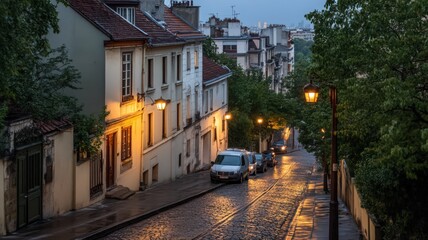 Fototapeta premium Rainy Parisian Street at Dusk: Cobblestone Road and Warm Streetlights