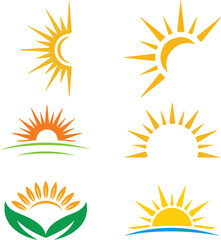 Sunrise and Sunset Logo Set with Abstract Sun Rays.