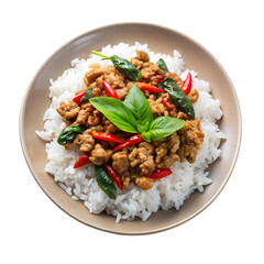 Spicy Chicken Basil Rice Thai Food Recipe Image isolated on transparent background