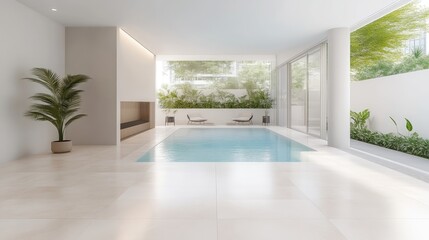 Fototapeta premium Modern indoor swimming pool in a minimalist luxury villa with white tiled floors, glass walls, and lush green plants.