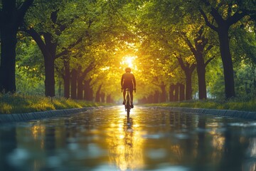 Cyclist rides towards sunset on wet road, lined with trees