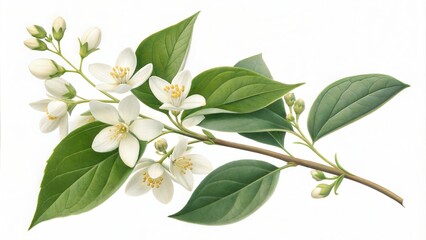 Obraz premium Fresh Jasmine Flower Branch with Leaves on White Background 