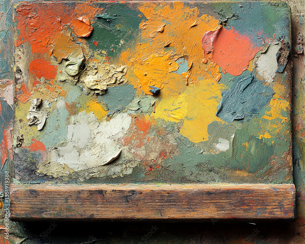 Poster textured palette with multicolored oil paint strokes, showcasing a rustic wooden bar at bottom, idea